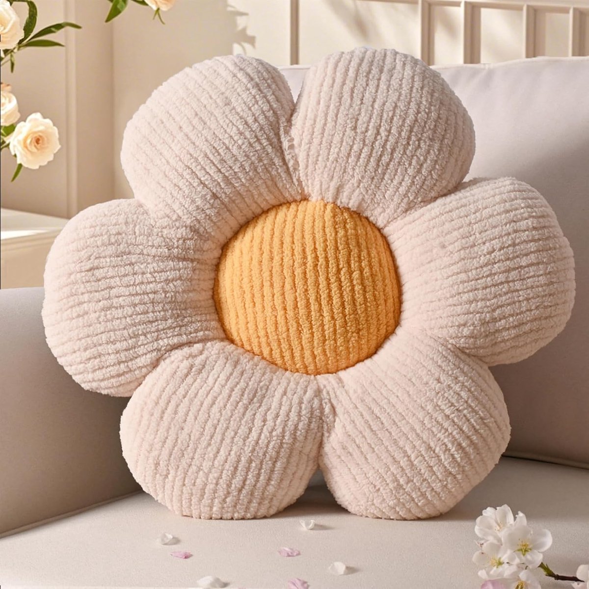 SnelShoppen - Decoratieve Flower Cushion 50 cm, Crème Geel Bloem Design, Pluche Vloerkussen voor Sofa, Slaapkamer, Kinderkamer, Meisjes, Daisy Kussen