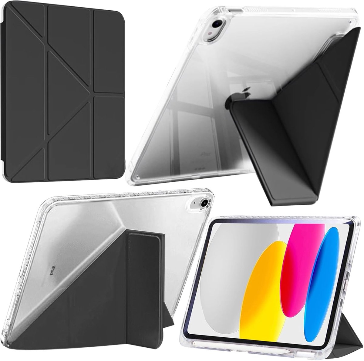 SnelShoppen - Shockproof Transparante Case voor iPad 10 Generatie 10.9 Inch 2022 met Penhouder, 6-in-1 Y-Vormige Stand, Automatische Wake Up/Sleep, Zw