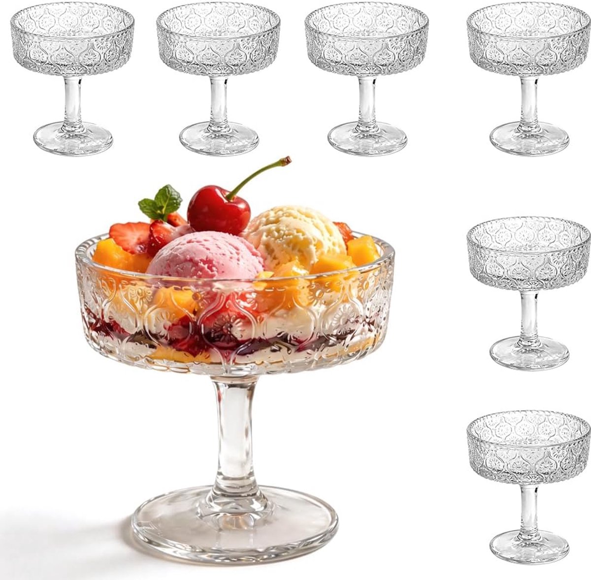 SnelShoppen - Set van 6 geribbelde coupe glazen 300 ml | Vintage martiniglazen met steel voor ijs, tiramisu, pudding, cocktails en champagneschalen in