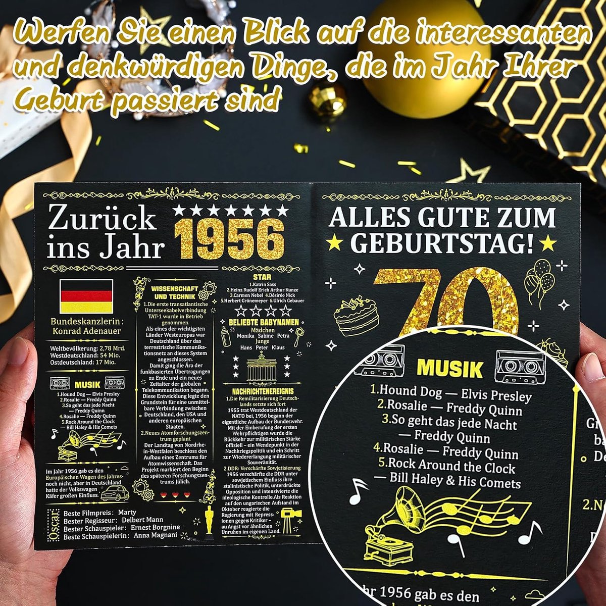 SnelShoppen - 3D Pop-Up Verjaardagskaart 70 Jaar, Vintage Geboortejaar 1956, Elegante Zwart en Goud Ontwerp, Verjaardagscadeau voor Man en Vrouw, Incl