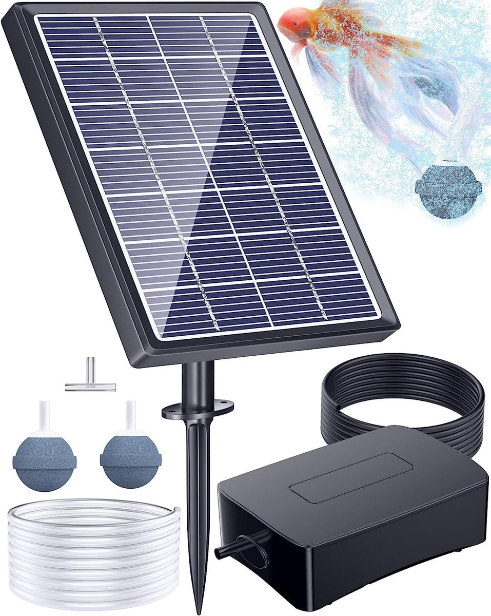 SnelShoppen - Solar Air Pump voor Vijvers met Zuurstofbuis en Belstenen - Watercirculatie voor Tuin, Geschikt voor Koi- en Visvijvers tot 800L