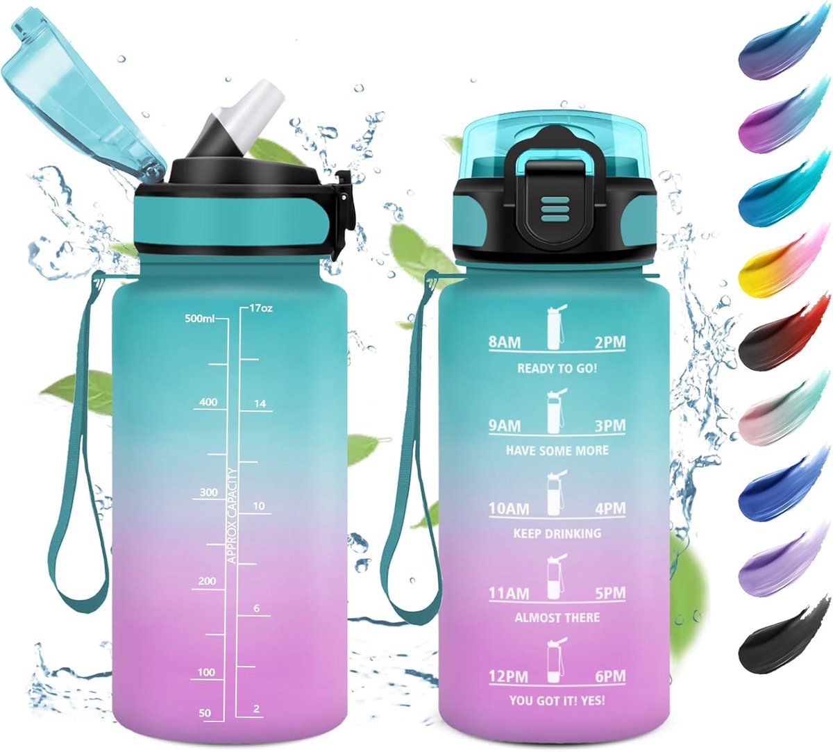 SnelShoppen - Motivational Drinkfles 500 ml - Kinderen Drinkbeker met Rietje - Makkelijk te Reinigen - Lekvrij - Waterfles met Tijdsaanduiding - Perfe