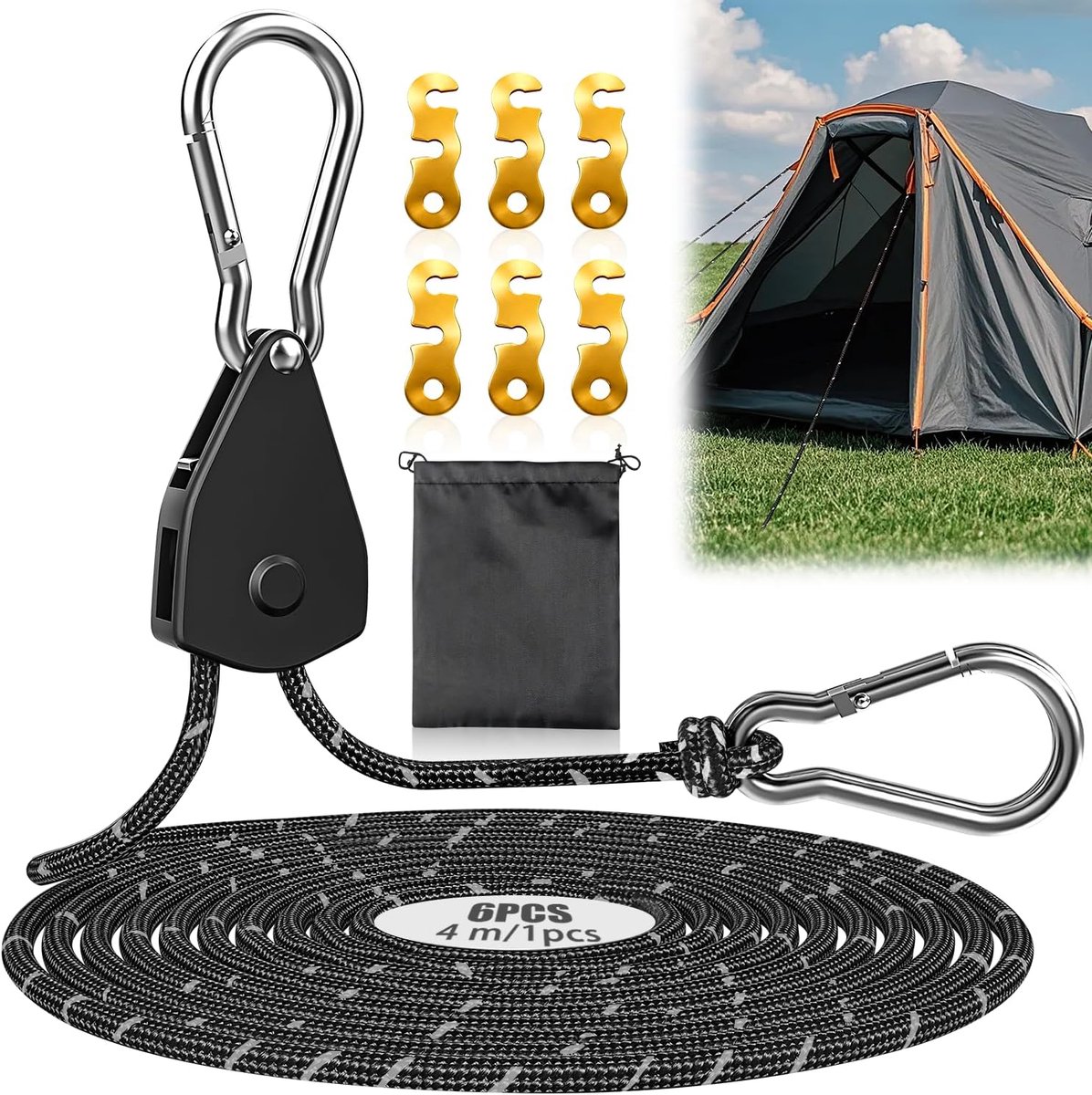 SnelShoppen - Prota Ratchet Rope Set van 6 - Verstelbare 4m Reflecterende Touwen met Haken voor Camping, Tenten, Tuin, Planten, Hiken, Zwart
