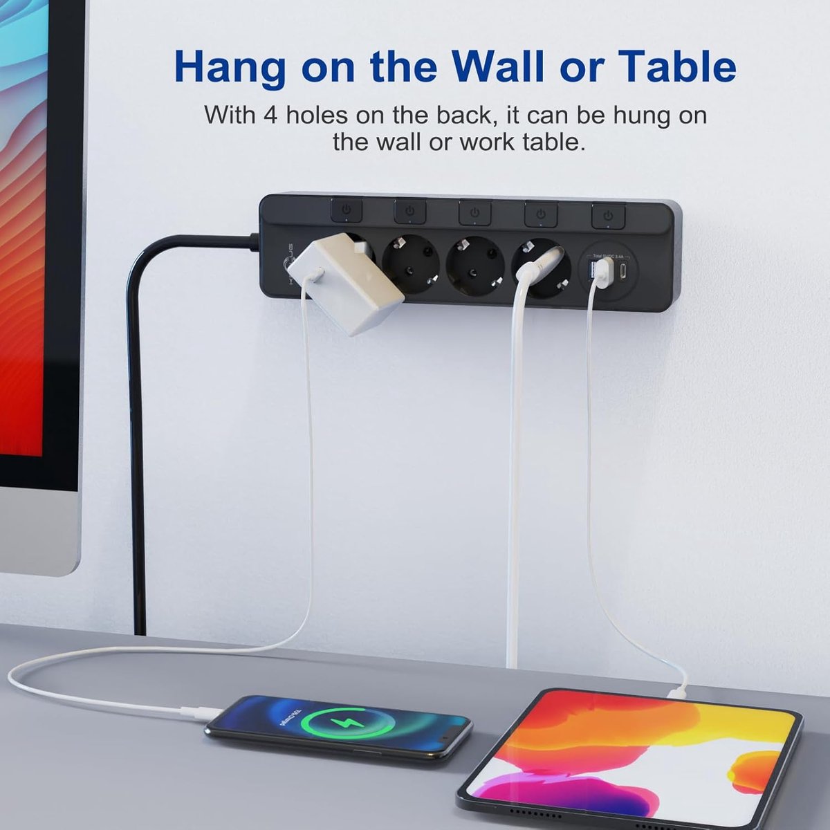 SnelShoppen - Stekkerdoos met 3 USB-aansluitingen, 4000W 16A, Individueel Schakelbaar, Wandmontage, Kindveilig, 2m Kabel, Zwart