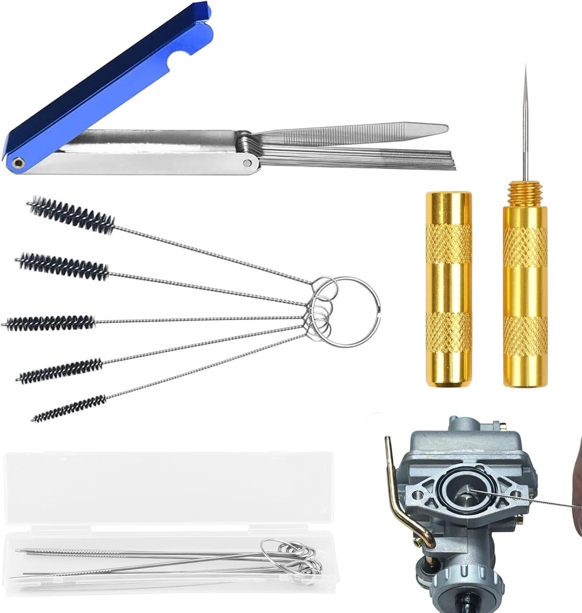 SnelShoppen - 4-delige Carburetor Cleaning Needle Set - Inclusief 12 Reinigingsdraden, 5 Nylon Borstels en Opslagbox - Perfect voor Motor, ATV en Mope