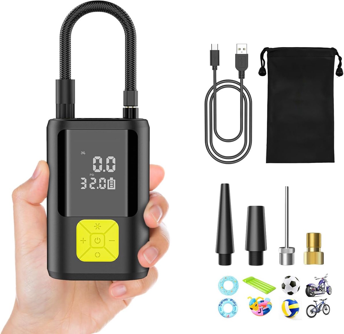 SnelShoppen - 150 PSI Draagbare Elektrische Mini Luchtpomp met 6000mAh Accu, Draadloze Luchtcompressor met Groot Scherm en Noodlamp voor Auto, Motor,