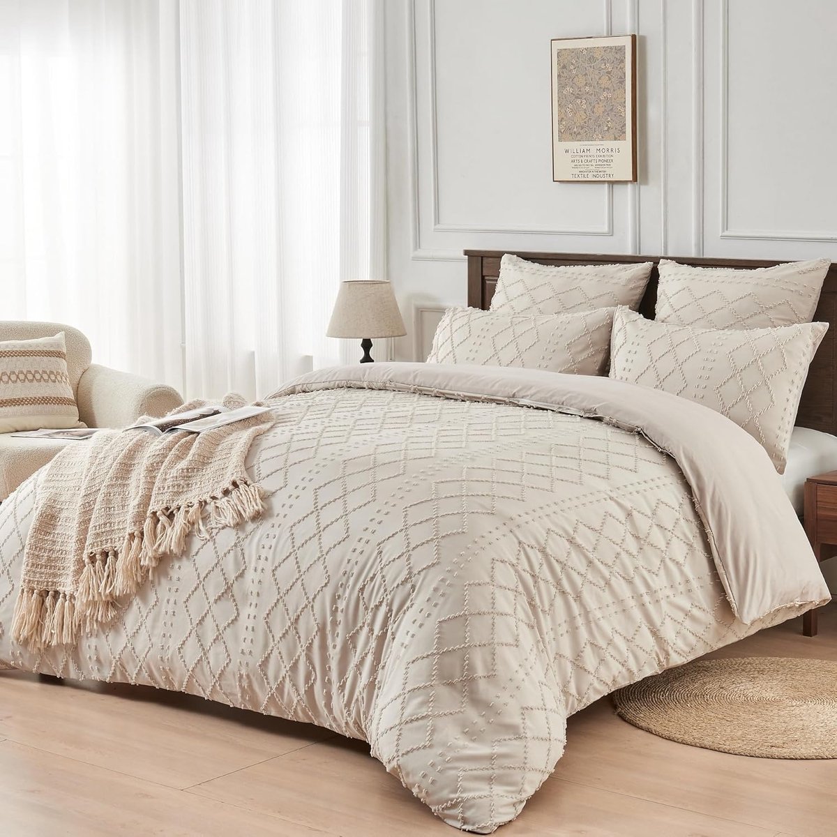 SnelShoppen - Boho Dekbedovertrekset 220 x 240 cm Beige Tufted Geometrisch Modern Soft Microfiber met Rits en 2 Kussenslopen 80 x 80 cm voor een Bohem