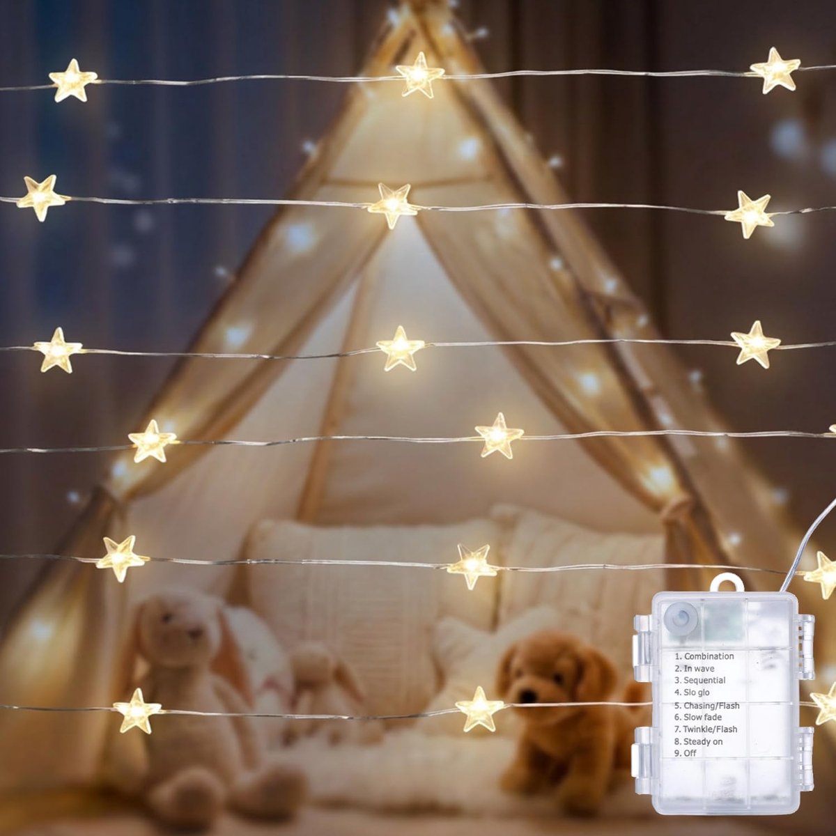 SnelShoppen - Lichtsnoer op Batterijen, Sterren, 6m, 60 LED Mini-Ster, Lichtketting met 8 Modus, Waterdicht Warmwit, Decoratie voor Binnen en Buiten,
