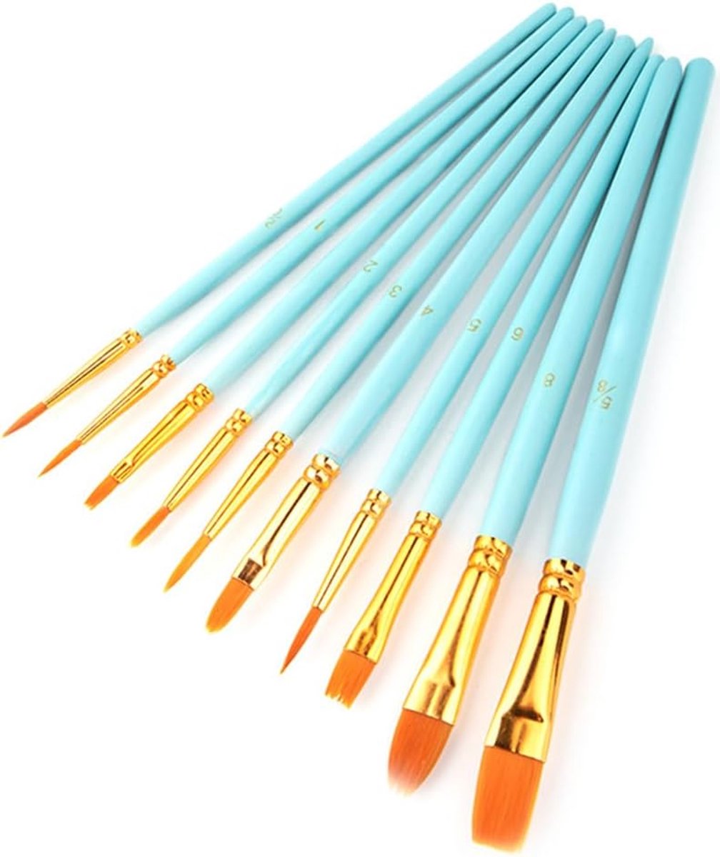 SnelShoppen - 10-delige Professionele Verfkwasten Set - Nylon Verfkwasten voor Acryl, Olie, Waterverf, Gouache, Gezichtsverf - Blauw