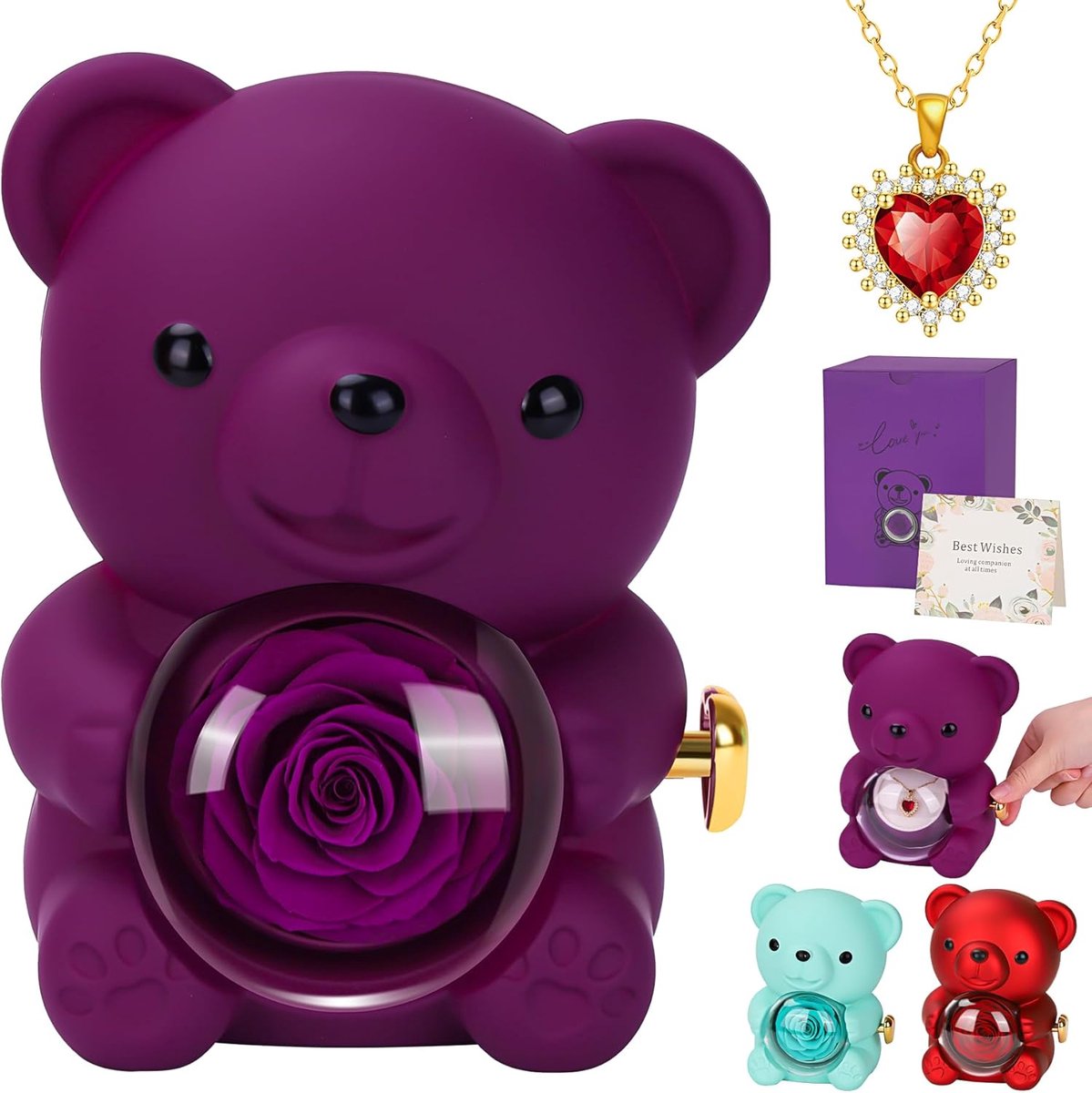 SnelShoppen - Luxe Rozenbox met Rode Hart Ketting, Geschenk voor Moederdag, Verjaardag, Jubileum voor Moeder en Vrouw (Paars)