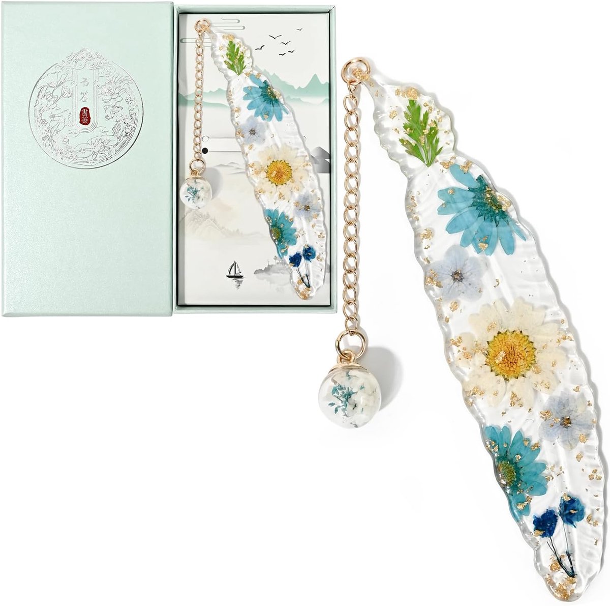SnelShoppen - Unieke Handgemaakte Boekmarker met Gedroogde Bloemen en Hanger, Resin Blauw Lavendel, Perfect Cadeau voor Vrouwen en Leraren, Duurzaam e