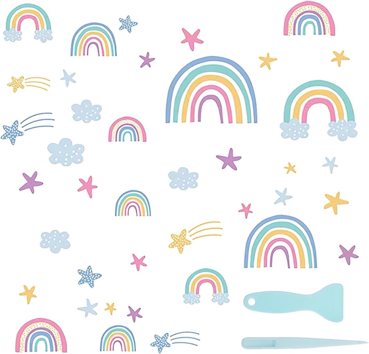SnelShoppen - Rainbow Sterren Wandstickers Set met Regenboog Wolk, Inclusief Tweezers en Scraper, Creatieve Decoratie voor Kinderkamer, Schattige Muur