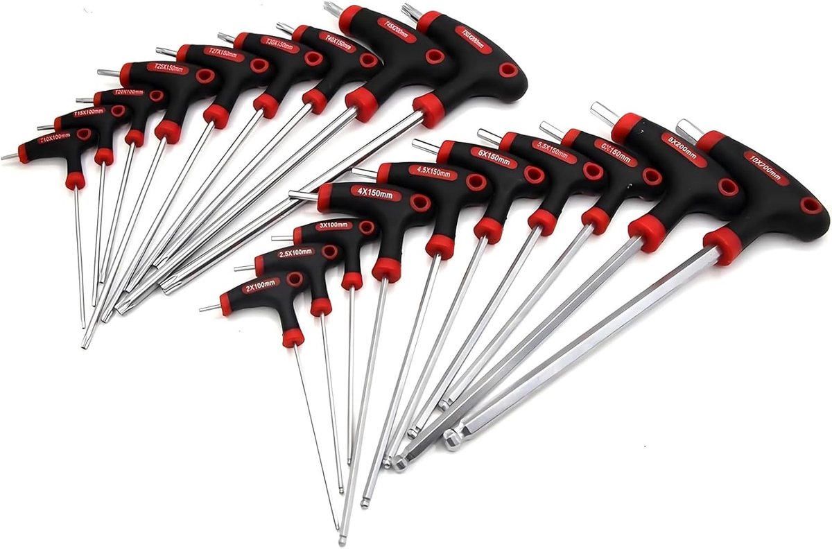 SnelShoppen - 19-delige T-handlesleutelset, Hexagon en Torx sleutels, Trx pin sleutel met kruisgrepen, Chrome vanadium staal, RVS, Compact, Voor doe-h