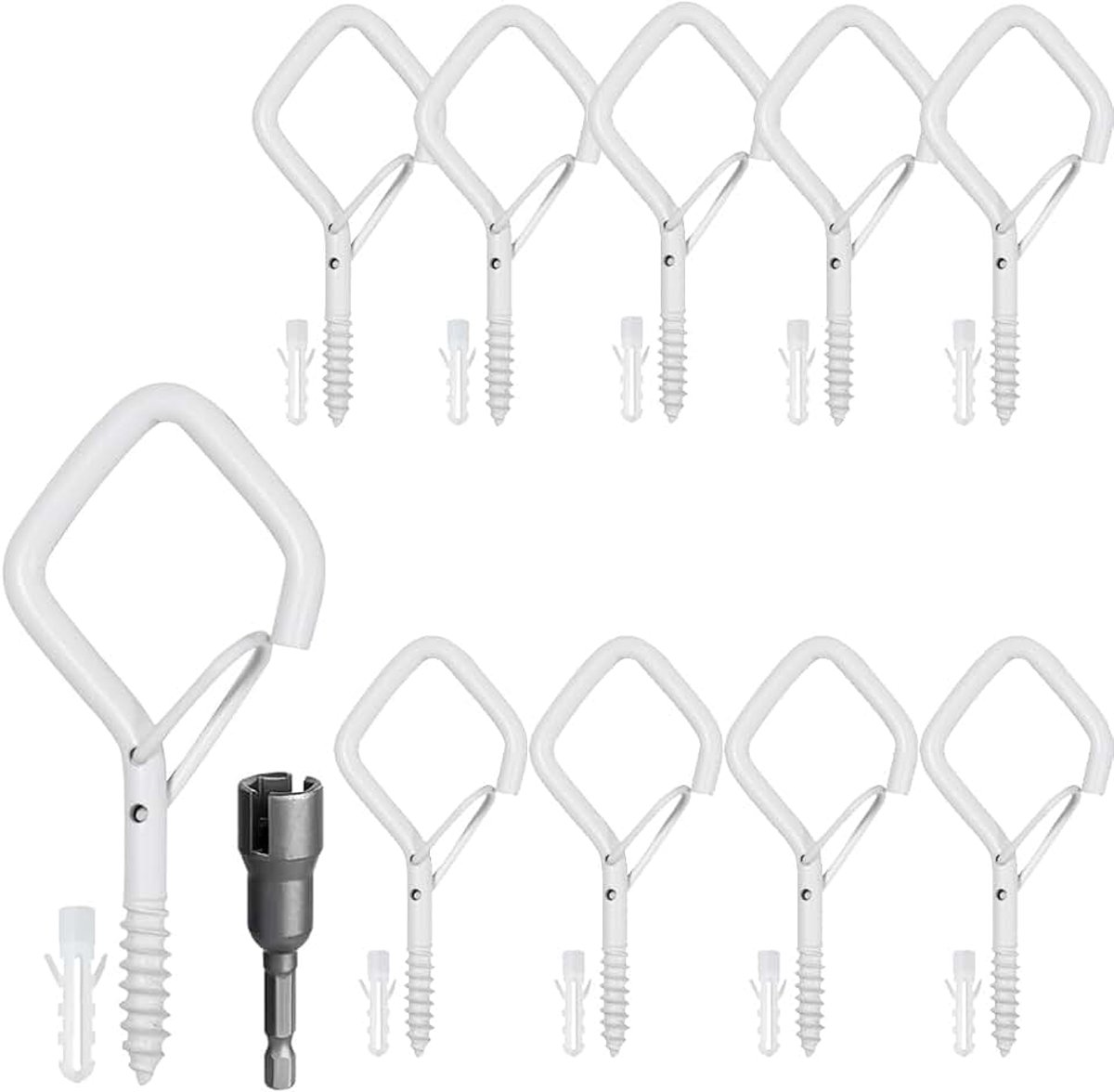 Haken schroeven met veiligheidsgesp, witte schroefhaken, wandhaak om te schroeven, plafondhaken voor het ophangen van planten, decoratieve lampen, bloempotten (10