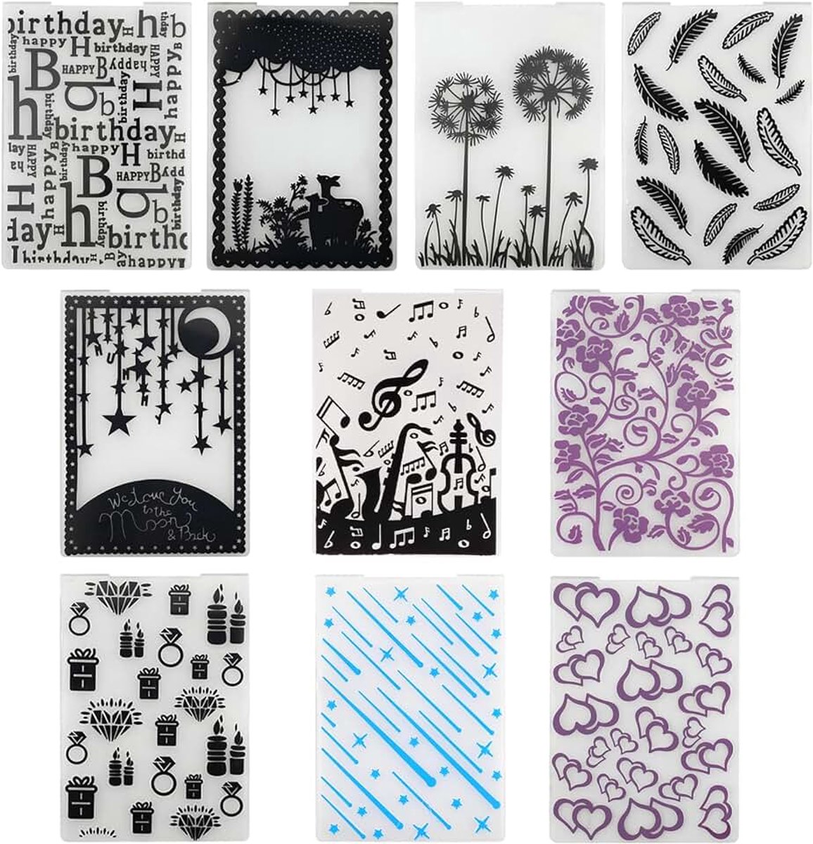 10 stuks reliëfsjablonen, stanssjablonen, reliëfmap, embossingmap, reliëfmap voor stansmachine, Happy Birthday, kunststof reliëfmap voor kunststof, sjabloon, handwerk, scrapbooking