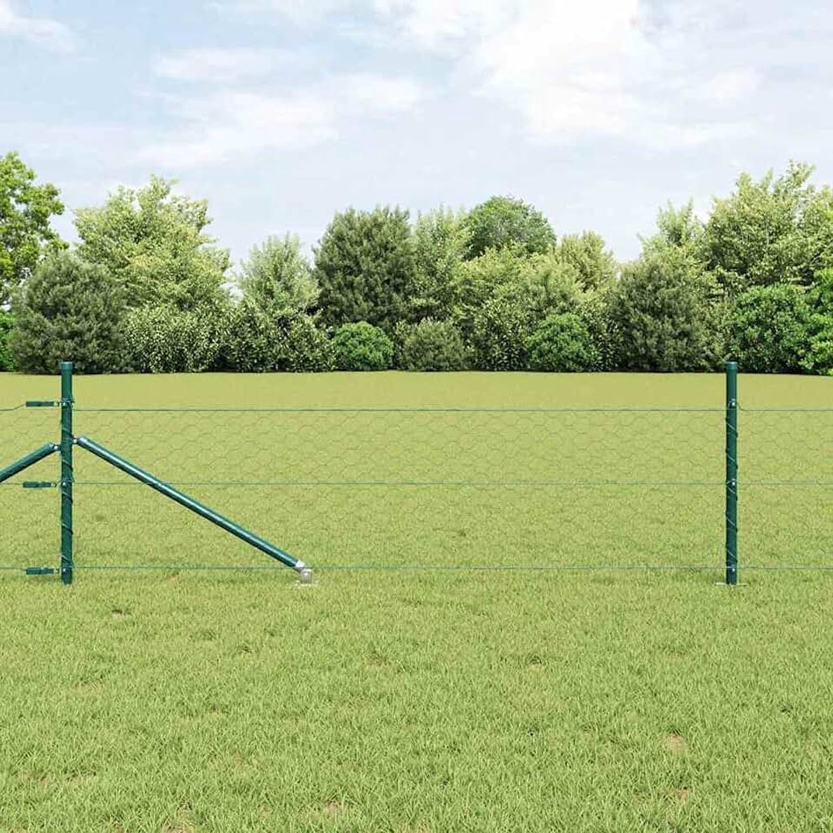 Zeshoekige omheining, groen, 0,4 x 10 m, hekpalen met punt, 7 stuks, Ø 32 mm, 60 cm, verzinkt staal, stabiele stalen palen voor tuinhekken, landbouw, wilgennetten, kippendraad 3353045