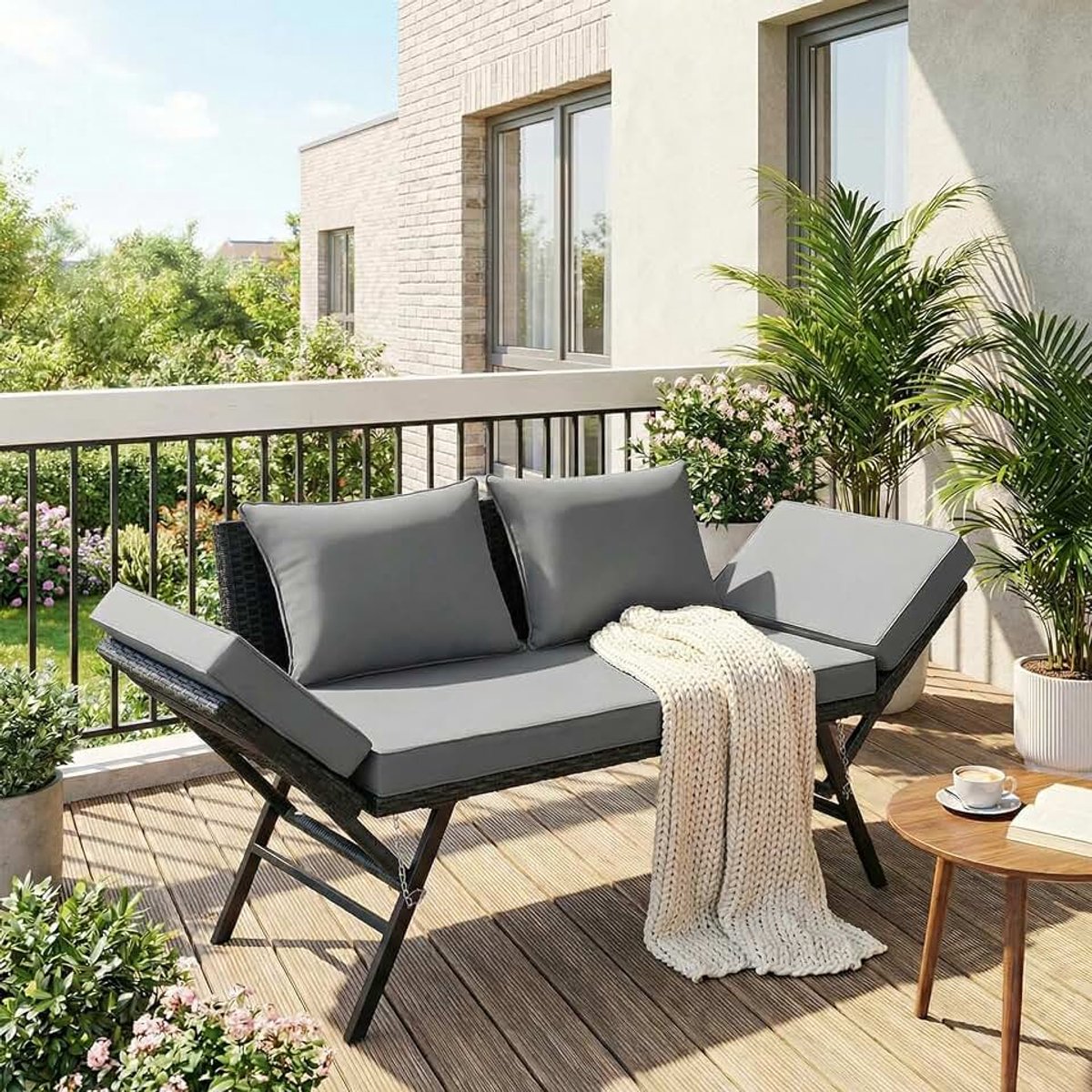 Polyrotan met ligfunctie, rotan balkonmeubels, met verstelbare armleuningen, polyrotan tuinbank, 2-zits, weerbestendig, voor tuin, balkon (Zwart)