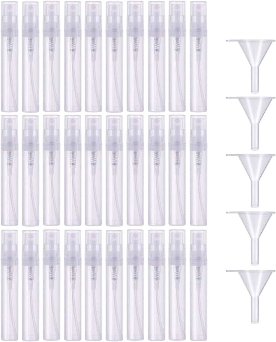 30 stuks, 5 ml, doorzichtige kunststof mini-spuitflessen, verstuiver, parfum, verstuiverflessen, voor parfum, lichaamsverzorging, vloeistof, cosmetica, reizen (met 5 trechters)