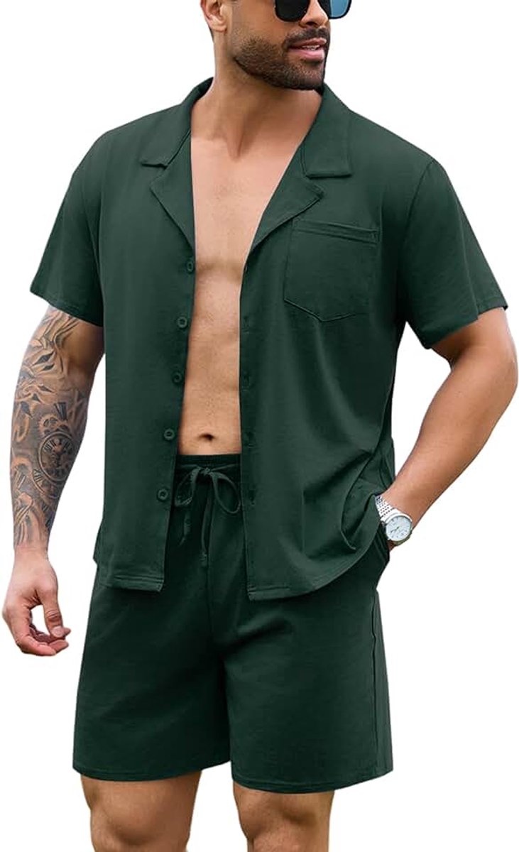 Herenpyjama-set met korte mouwen, geruite pyjama's, katoen, geruite loungewear, top en broek, 2-delige nachtkleding, nachtkleding klassiek met zakken
