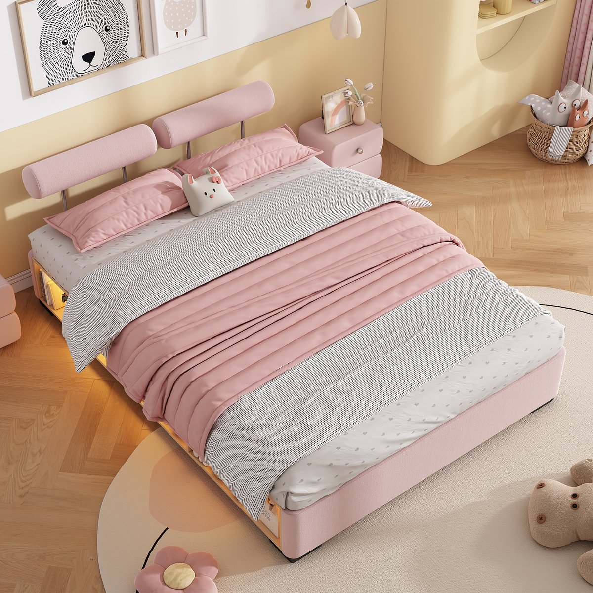 Kinderbed 140x200 cm - met LED-verlichting en zijboekenkast - open opbergruimte - verstelbare rugleuning - roze