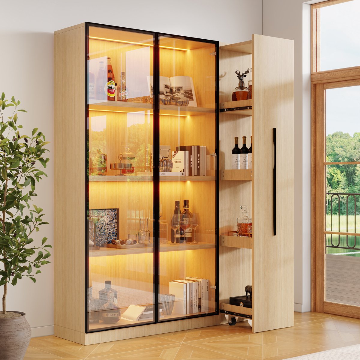 Multifunctionele Vitrinekast met LED Verlichting - Eiken - 110,5×35×160cm