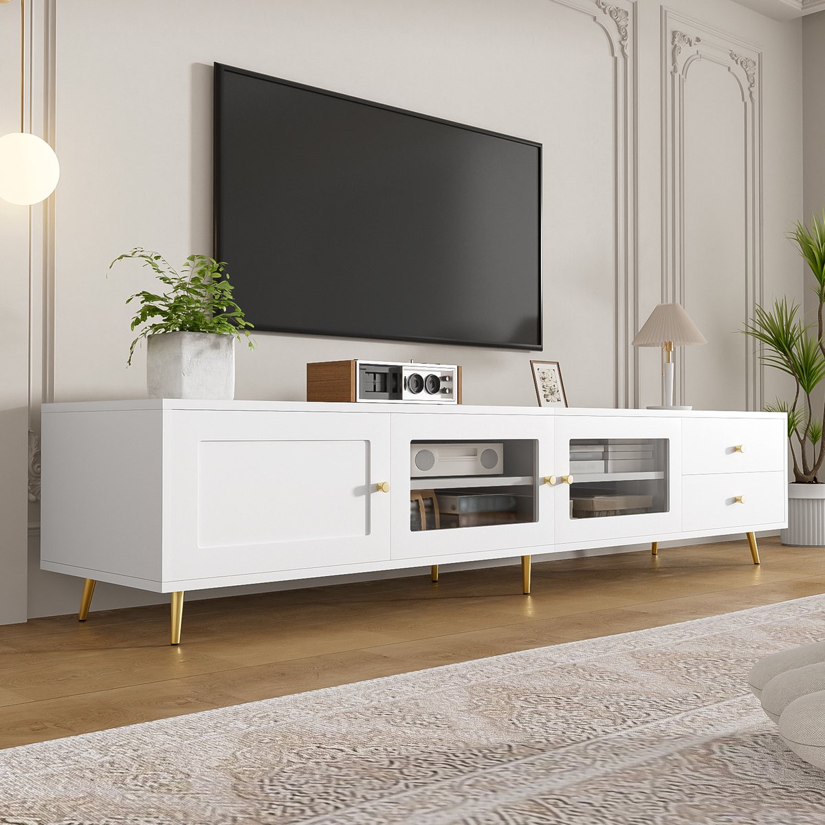 TV-Lowboard Modern - Met 2 Schubladen en Glasdeuren - Wit - 170x40x28 cm