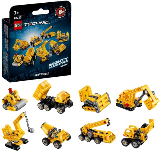 LEGO Technic Machtige Machines set 42233 met zeven gele bouwmachines: graafmachine, kiepwagen, bulldozer, etc.