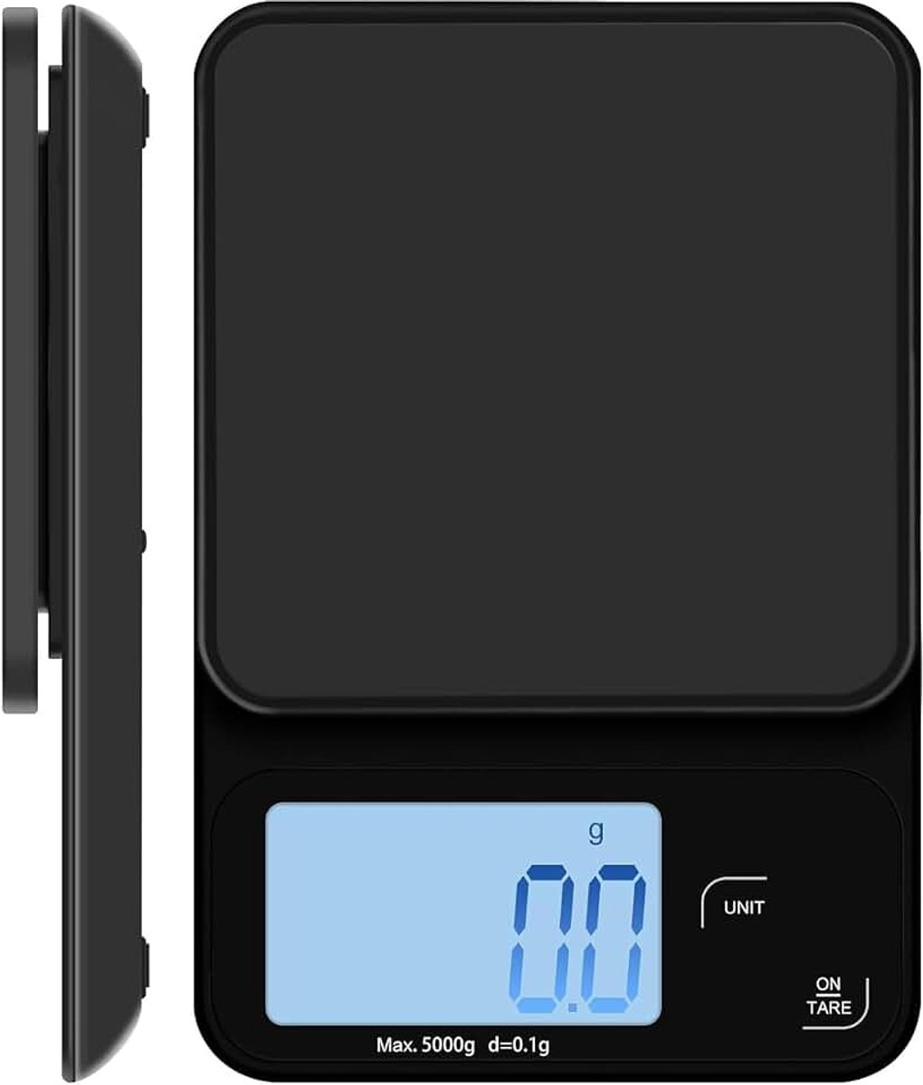 Koffieweegschaal, 5 kg/0,1 g, multifunctionele keukenweegschaal, digitaal, digitale keukenweegschaal, wandmontage met groot lcd-display, weegschaal keuken, tarrafunctie, zwart