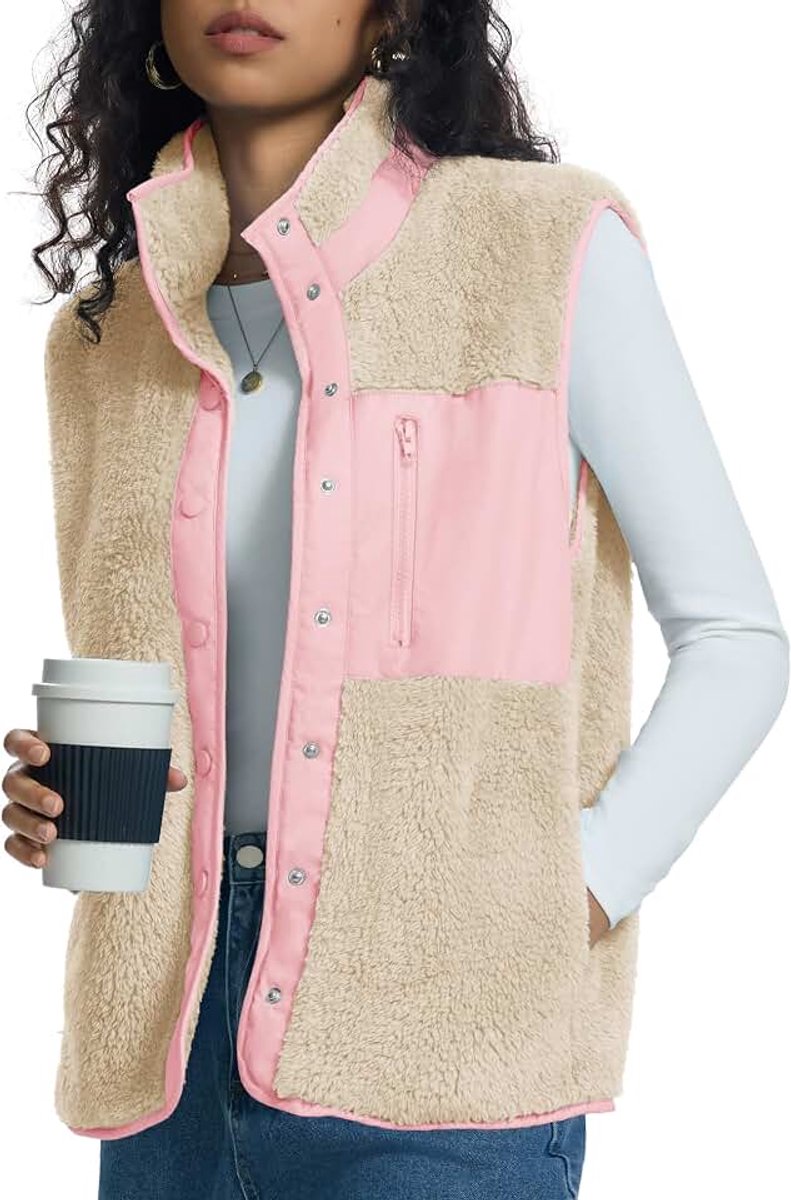 Fleece gilet voor vrouwen, UK button down dames gilet opstaande kraag mouwloos jack met zakken S-XL