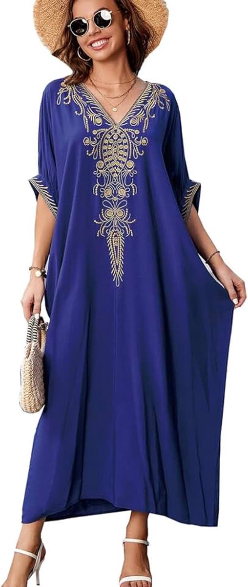 Katoen Geborduurd Bloemen Losse Caftan Boho Strand Bikini Cover-up Jurk Plus Size Gewaad voor Vrouwen