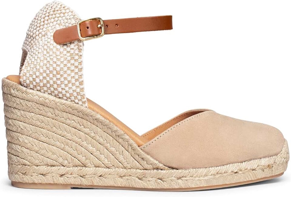 MiMaO. Hoge Sparto-wiggen met gelbekleding, leren sandalen, Spaans vakmanschap