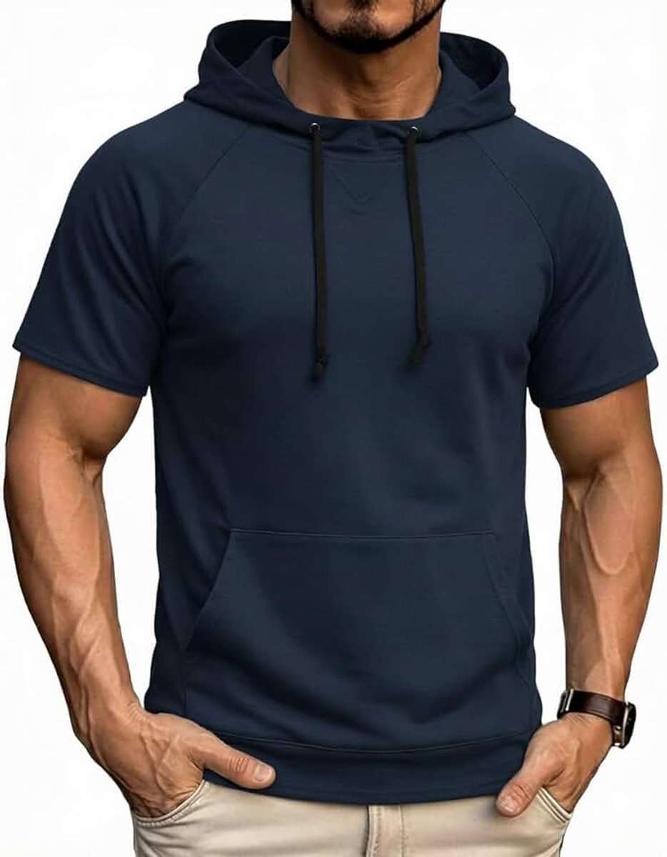 Heren Hoodie met Korte Mouwen Oversized Voor Vrije Tijd en Gym Muscle Shirt Zomerse Basic Tops met Capuchon | Stretch fit, Ademend, Vochtafvoerend, Korte mouwen, Capuchon met trekkoord, Kangoeroezak