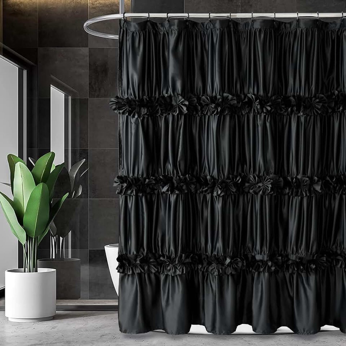 Decor Douchegordijn met zwarte ruches, vintage handgemaakt vlinderdas badgordijn voor hoofdbadkamer, satijnen badgordijn met ruches en 12 knoopsgaten, 183 cm B x 183 cm H (LQ-10)