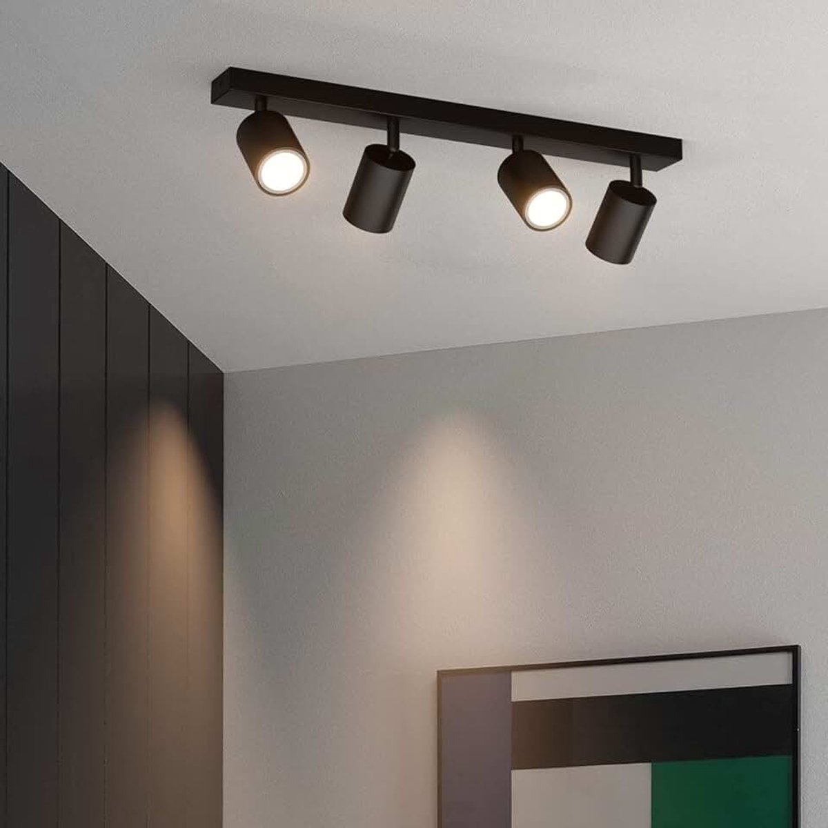 Plafondspots 4 vlammen Zwart, GU10 Plafondlamp, draaibaar, Spotlamp, draaibare plafondspots voor keuken, slaapkamer, woonkamer, Lengte: 54 cm, zonder lampen