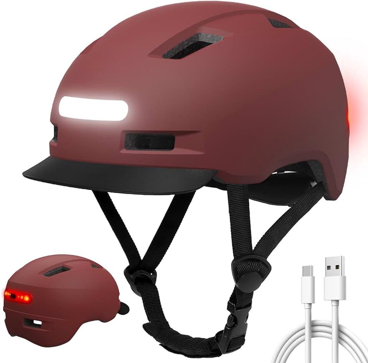 Fietshelm, voorlicht en achterlicht (led), 5 lichtmodi voor mannen en vrouwen, lichte fietshelm voor fietsen, trekking