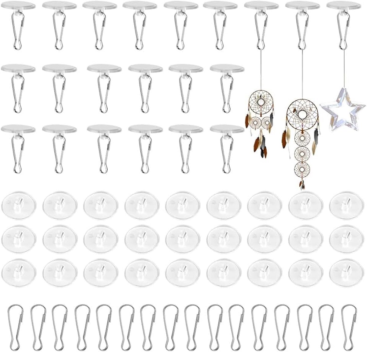 50 stuks plafondhaken, zelfklevend, plafondhaken, transparant, kleefhaken, zonder boren, om op te hangen, plafond, sterk lijmen, wandhaken met vlaggenmastclips voor plafond, slaapkamer, keuken