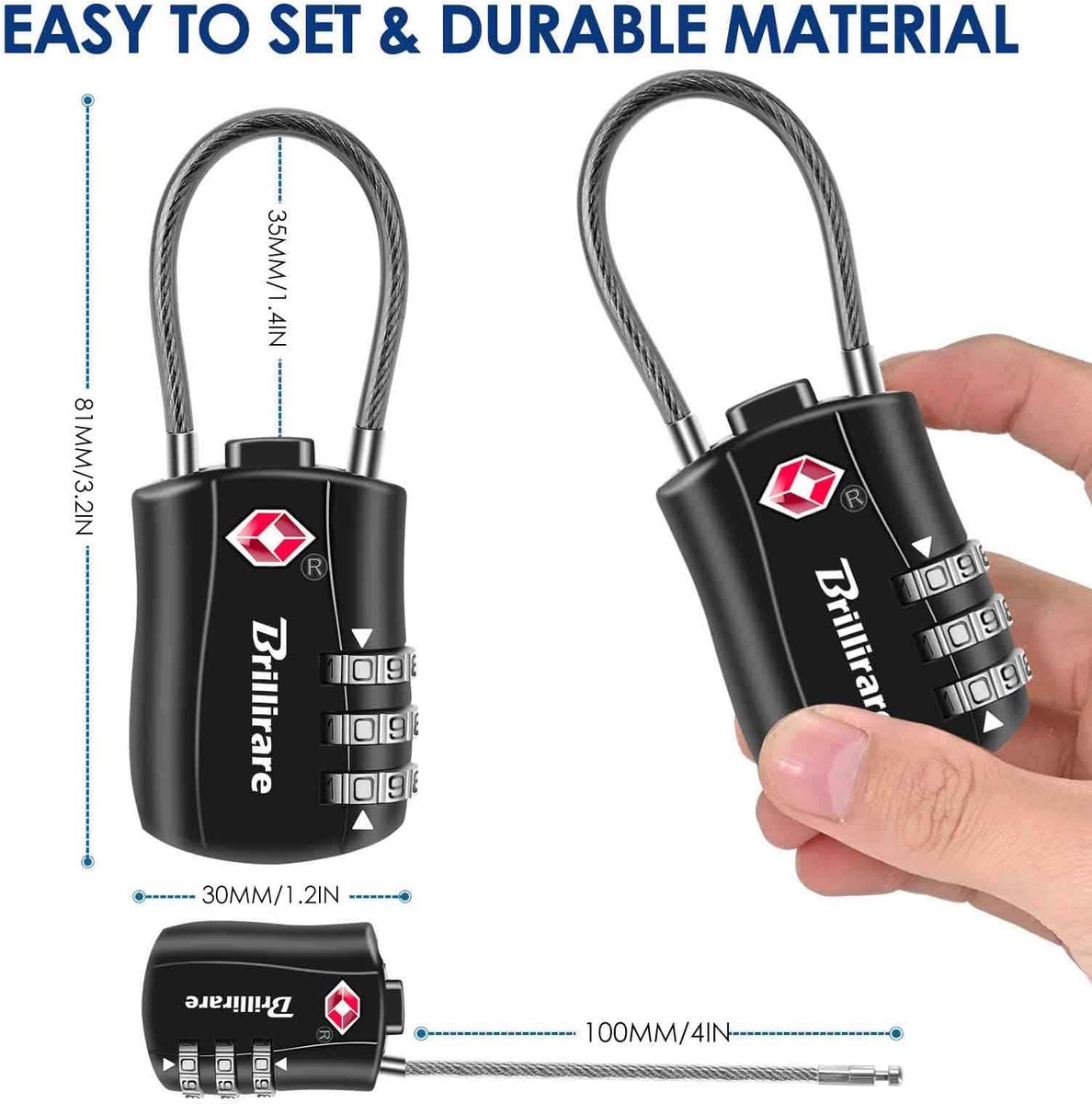 Bagageslot TSA Goedgekeurd 3-cijferig - Waterdicht Reiskabel Hangslot - Keyless Resettable voor Tassen - SnelShoppen