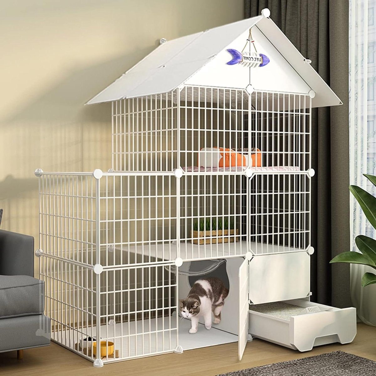 Kattenkooi - Dierenverblijf - Buiten Spelen - Asfalt Dak - 111 x 145 cm - Wit