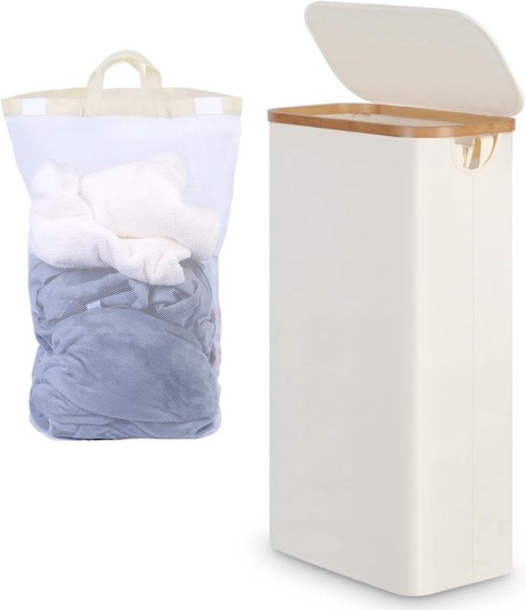 Narrow 63 Liter Wasmand met Deksel, Smalle Vouwbare Wasmand met Bamboe Handvatten, Ideaal voor Woonkamer, Badkamer en Slaapkamer