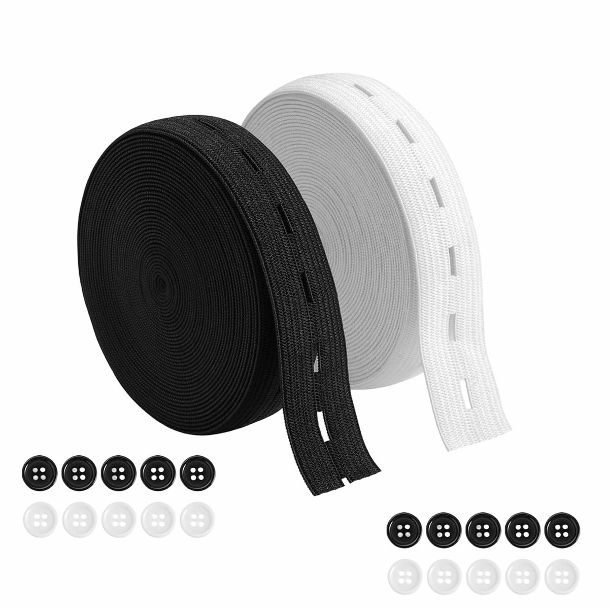 Elastiek met knoopogen, elastiek voor het naaien, 20 mm, met 20 knopen, elastische band voor broeken, rokken, hoofdband en doe-het-zelf naaien (zwart + wit)
