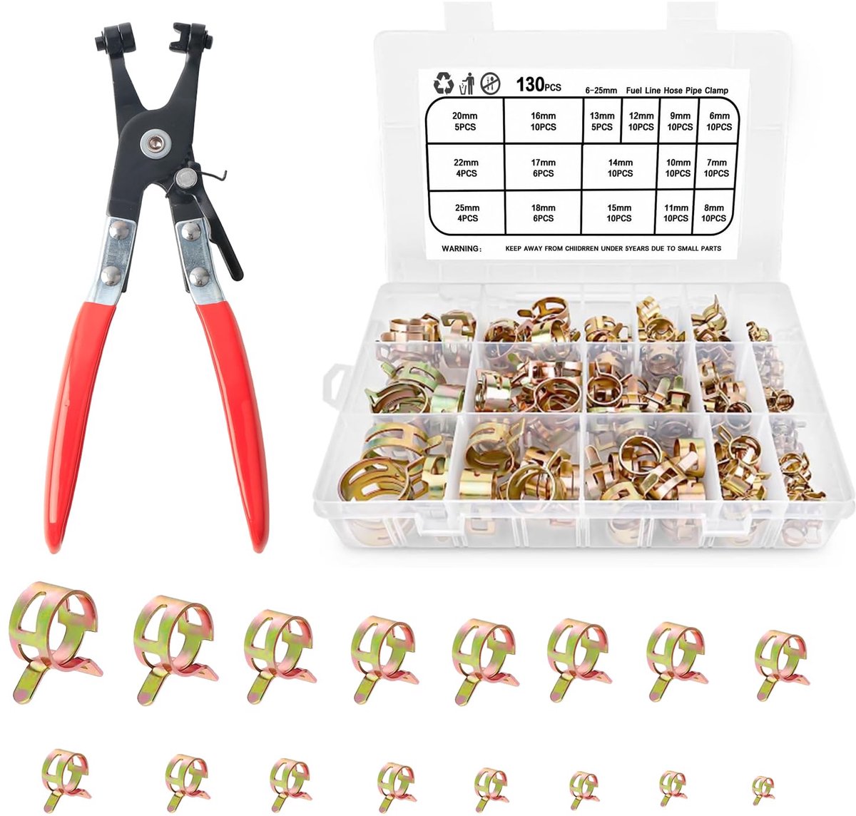 Slangklemmen, 130 stuks, 16 maten, assortiment met slangklemtang, buisklemmen, veerbandklemmen, slang, veerklemmen, sluiting, clip voor auto, brandstofleiding, tuin, huishouden, werkplaats