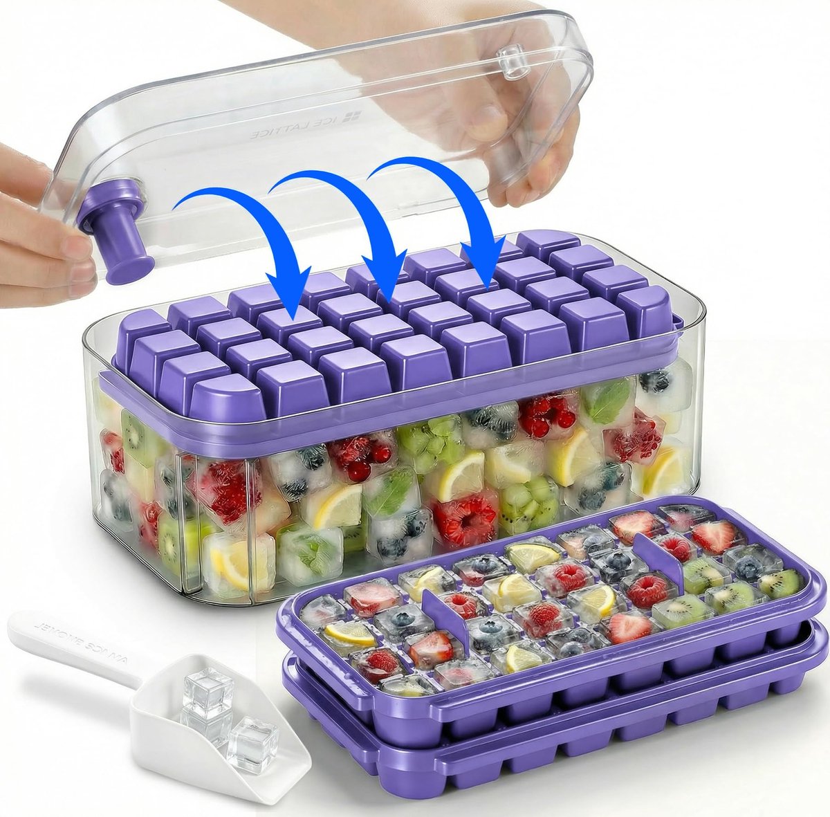 ijsblokjesvorm,ijsblokjeshouder met deksel en schep,ijsblokjesbakje,ijsblokkenbak Alle ijsblokjes komen in een seconde vrij, BPA-vrij, 64 ijsvormpjes (paars)