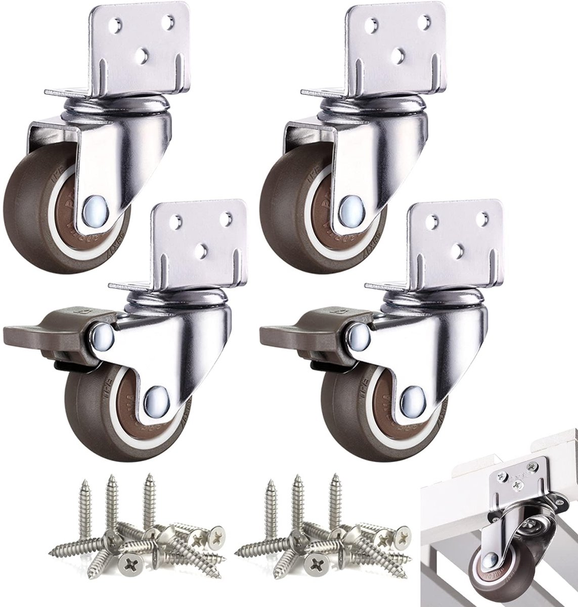 Set of 4 Furniture Wheels, 55 mm L-Shaped Castors for Furniture, Furniture Wheels with Brake Heavy Duty Casters for Flower Stands, Cots, Transportation, Table, Cabinet