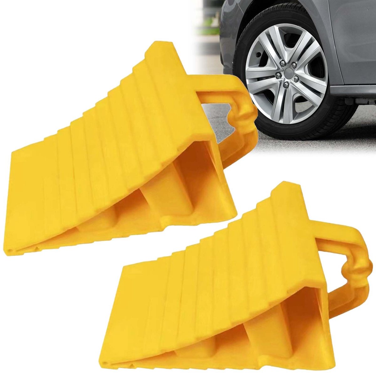 Onderwiggen met handvat, 2 stuks, 190 x 110 x 110 mm, kunststof wielwiggen, remwiggen, aanhanger, wielwig, remwig voor auto, wigaanhanger, caravan, camper (geel)