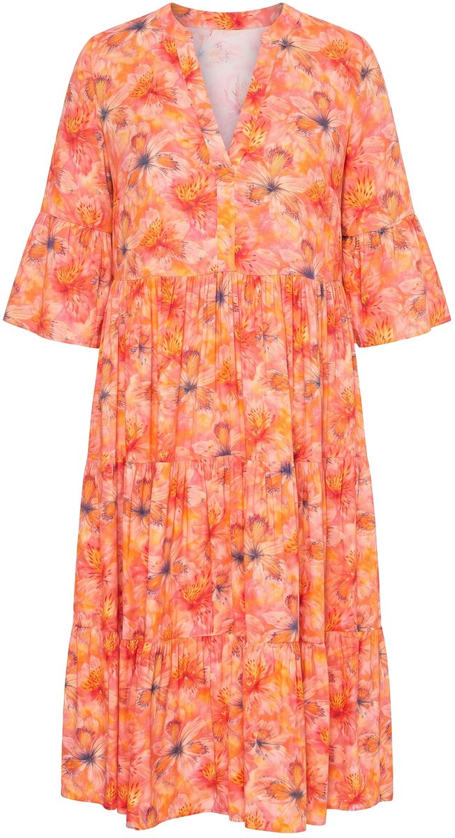 Studio Untold - Dames - Midi-jurk A-lijn orchideeënprint volants - Oranje - Maat 42+