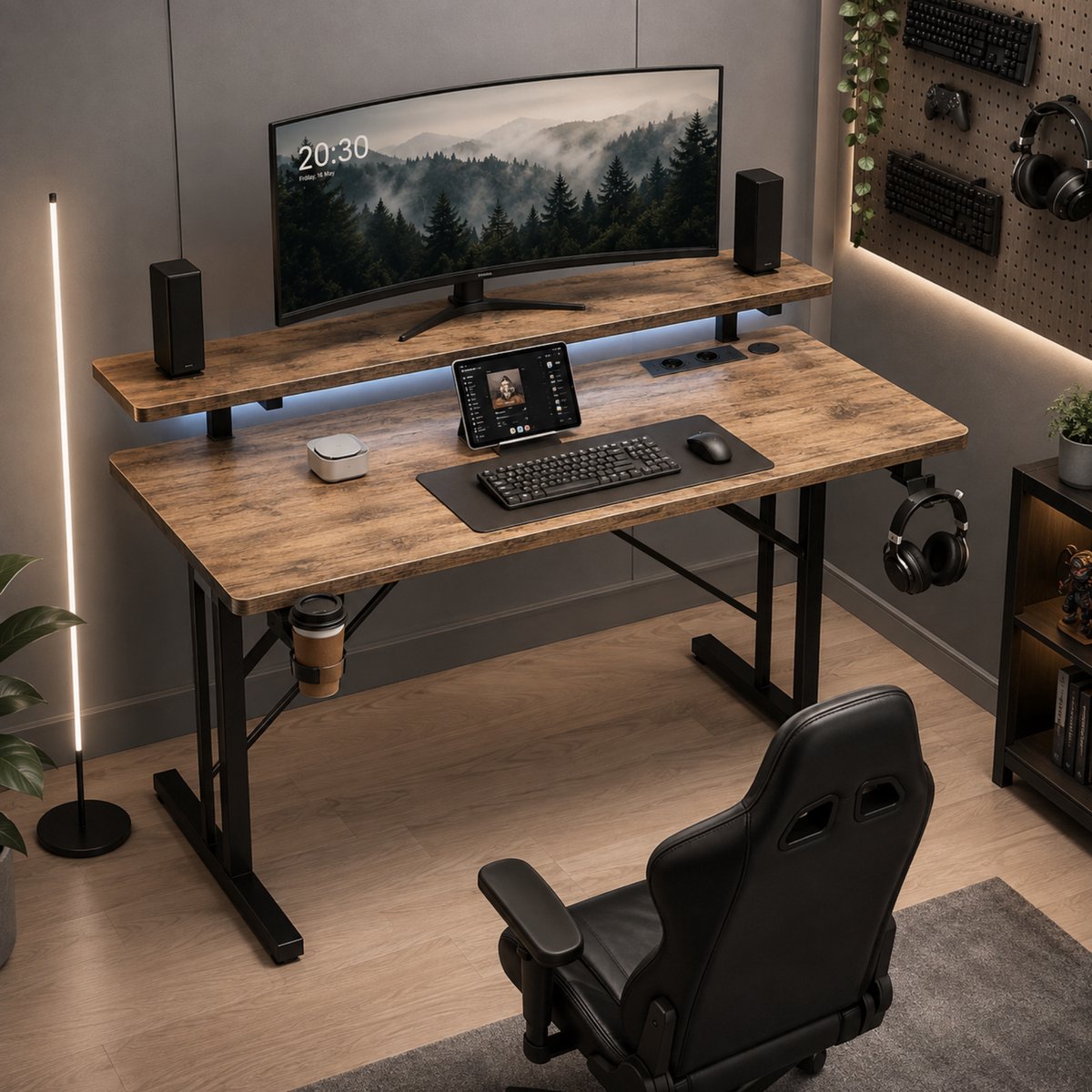 Five Stars® Game Bureau - 100x50x75 cm - Game Bureau met LED Verlichting - Rustieke Houtlook - Gaming Desk - Computertafel - RGB LED Verlichting thumbnail 2