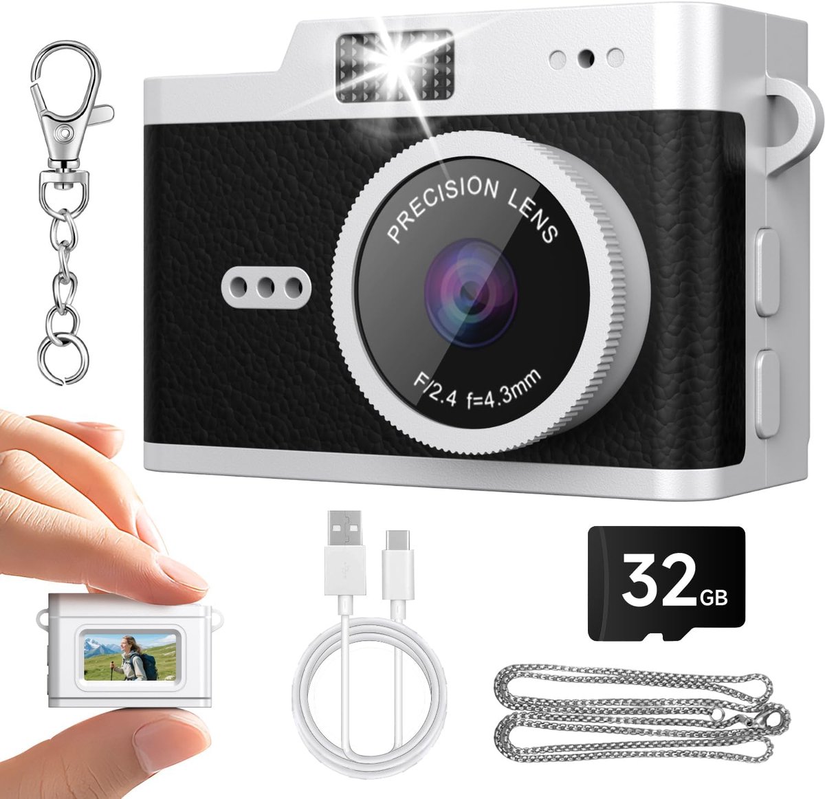 Mini Digitale Camera - Oplaadbaar -12MP 1080P FHD - Retro Fototoestel - 32GB - Compacte Pocket Camera - Vintage Digitale Camera - Kindercamera - Kleine Videocamera - Sleutelhanger Camera - Inclusief SD-kaart & Lanyard - Mini Camcorder - Zwart