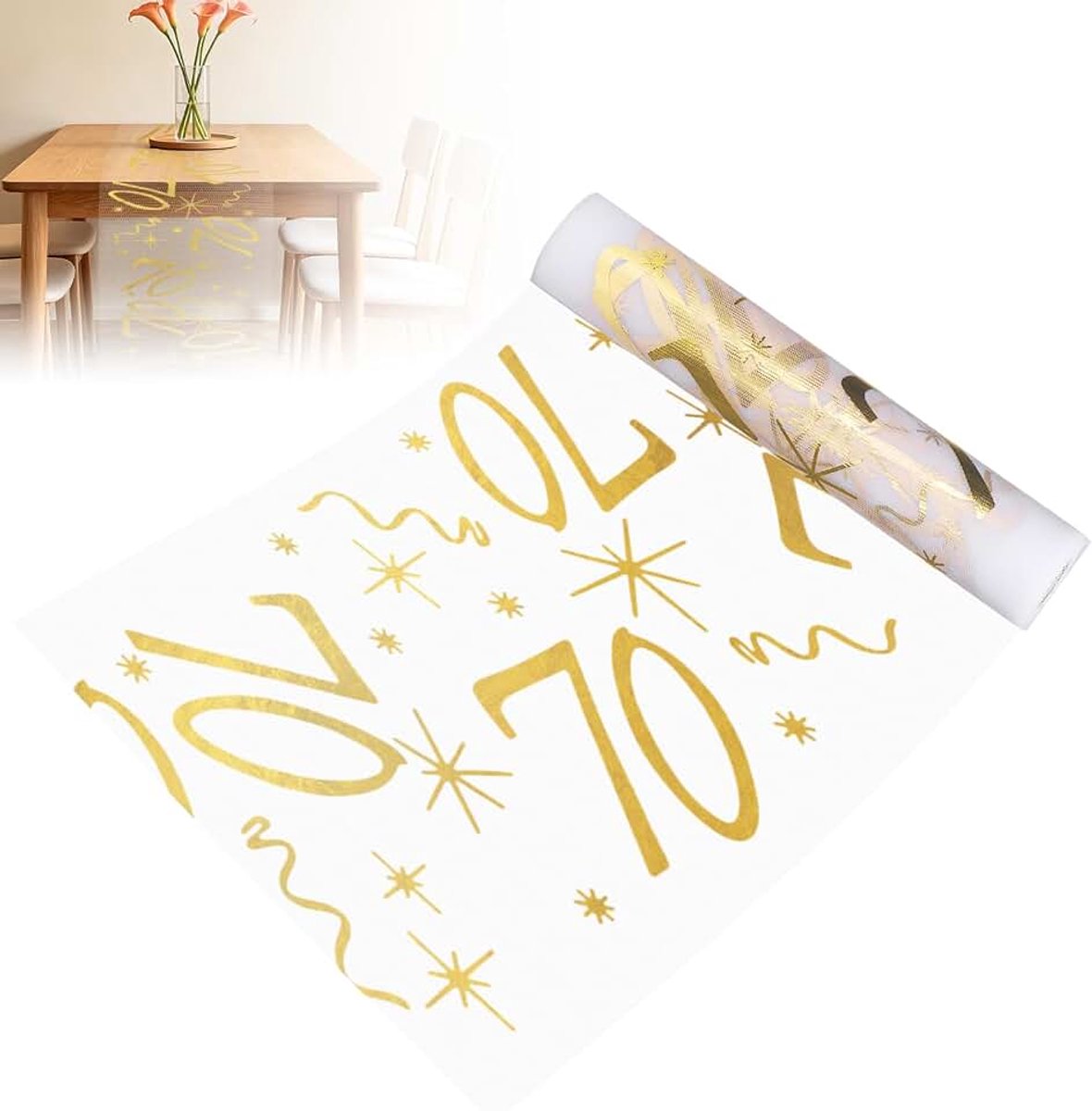 70 Jarig Jubileum Tafelloper Goud 28cmx10m, Herbruikbare Polyester Tafeldecoratie Op Maat Te Snijden, Glanzende Warmdruk Tafelloper Voor Mannen Vrouwen Verjaardagsfeest Jubileumdecoratie