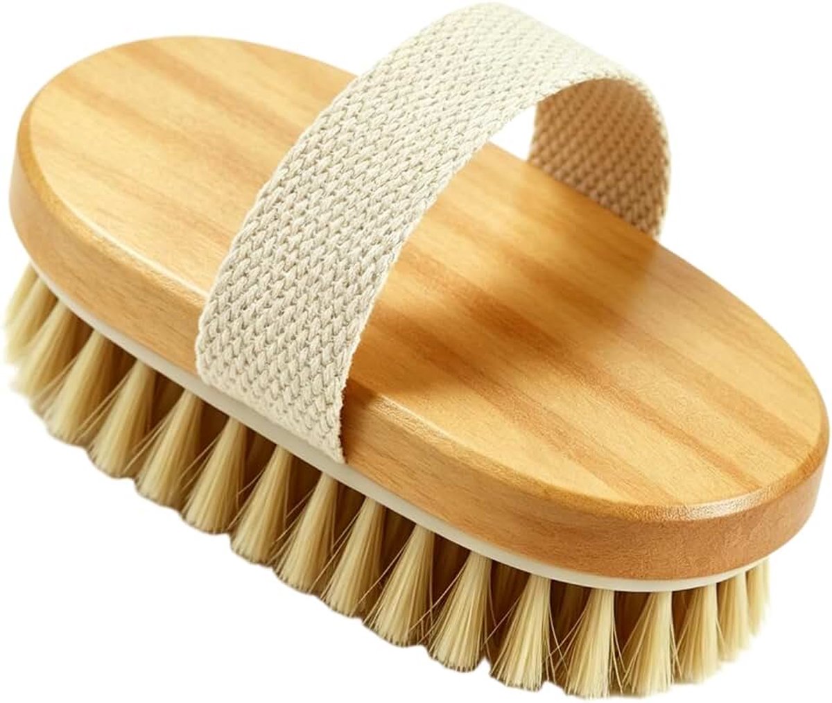 1 x droge lichaamsborstel, fysieke peelingborstel, massageborstel voor lymfedrainage, badborstel met natuurlijke haren voor een verbetering van de bloedcirculatie