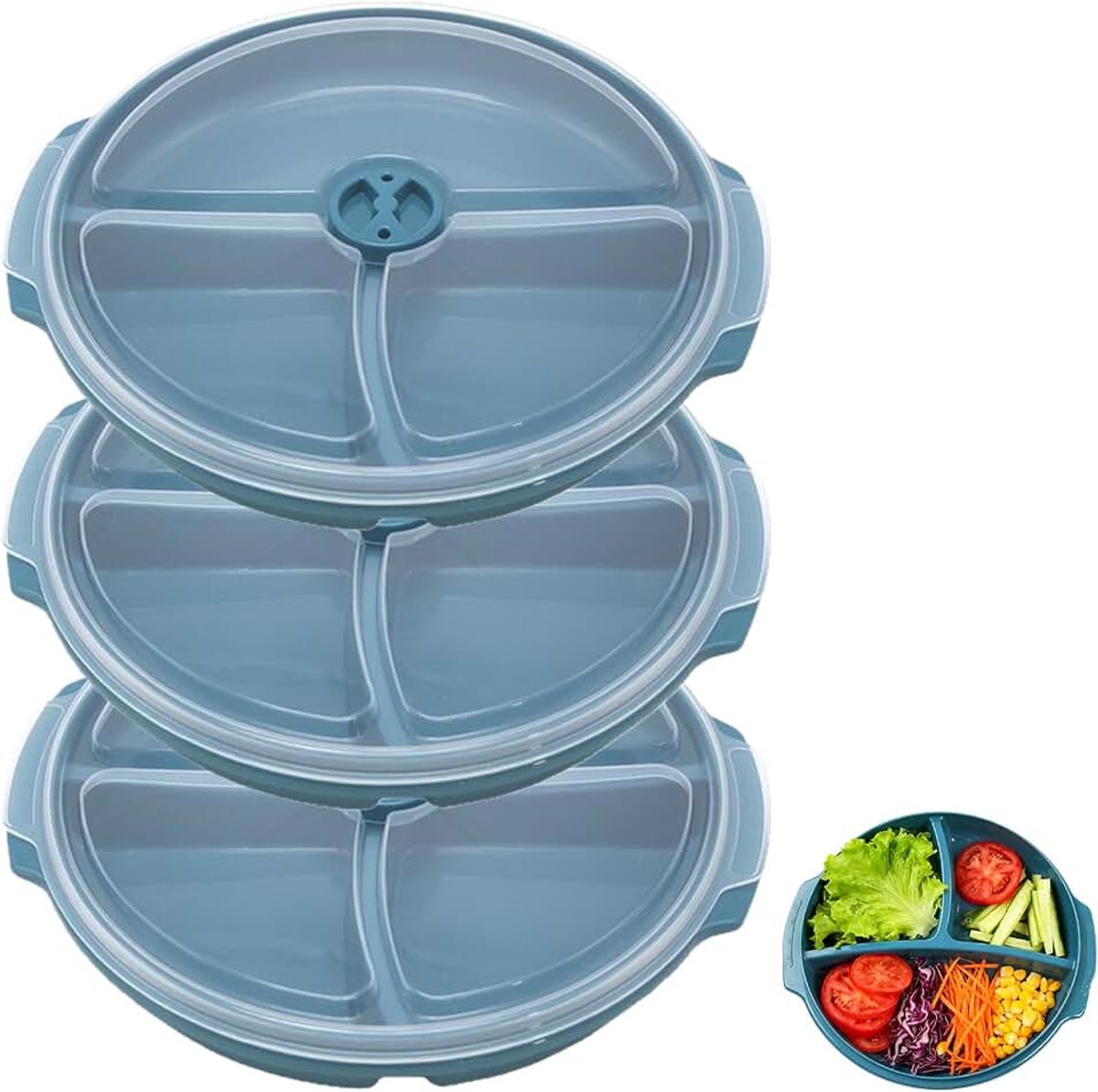 3 stuks, met 3-vakverdeling, magnetronservies met deksel, ventilatie, BPA-vrij, herbruikbaar, magnetronschaal, magnetronservies voor verwarmen, invriezen, blauw
